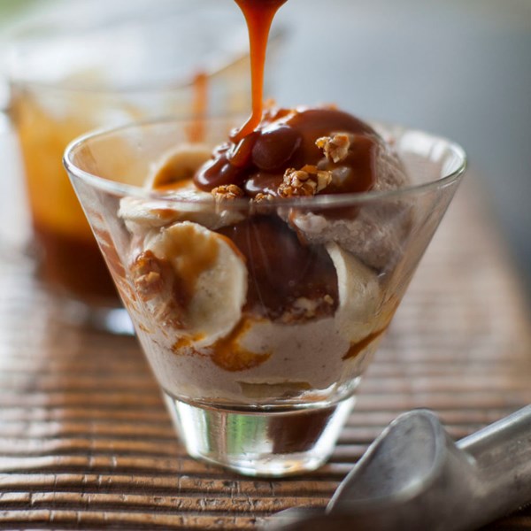 Banana 'ice-cream' with salted caramel sauce and pine nut and honey brittle