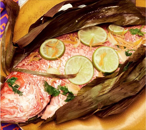 Banana leaf snapper with chickpeas and coconut rice