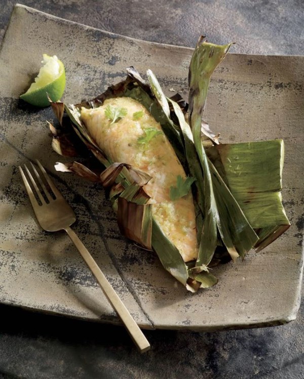 Banana leaf-wrapped grilled salmon with a galangal-lemongrass marinade