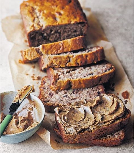 Banana loaf with fruit, nuts, chocolate & espresso butter