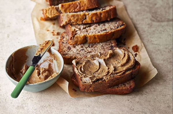 Banana loaf with fruit, nuts, chocolate & espresso butter