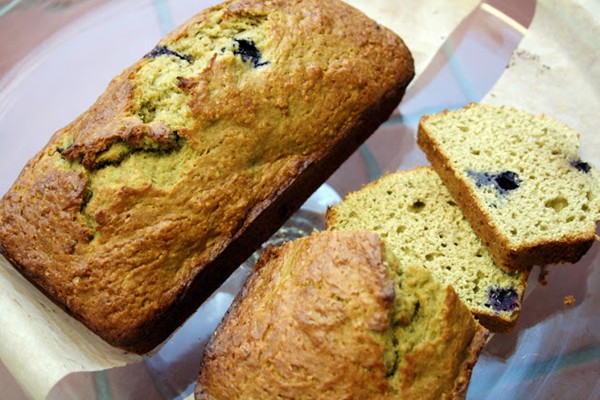 Banana, matcha and blueberry loaf