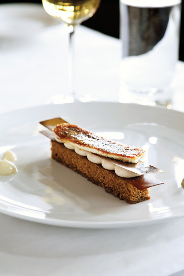 Banana mille-feuille date cake soaked in rum sauce, vanilla/parsnip puree, coco/banana wafers