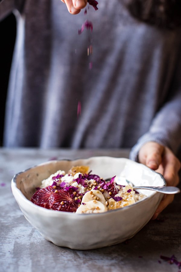 Banana oatmeal with ricotta, honey, orange and toasted buckwheat