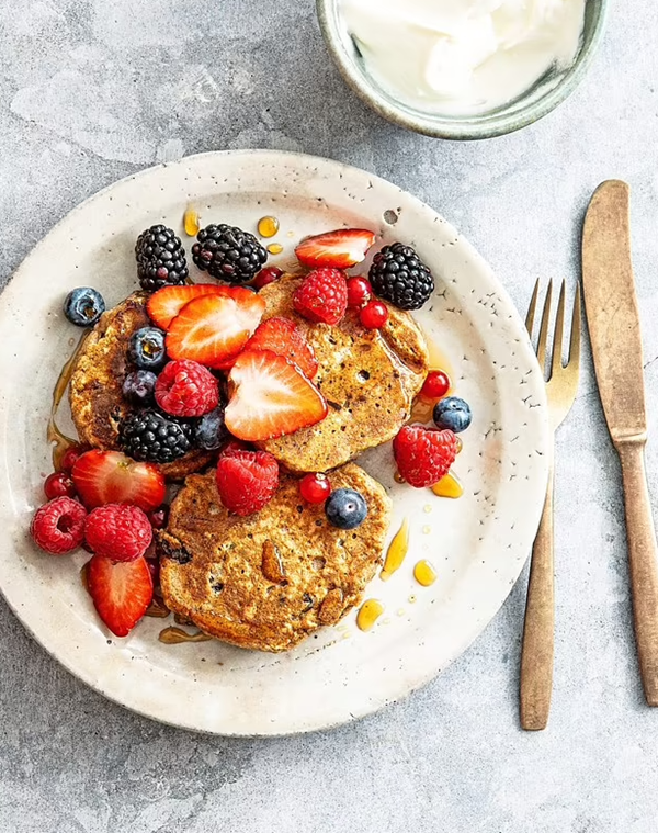 Banana pancakes with berries