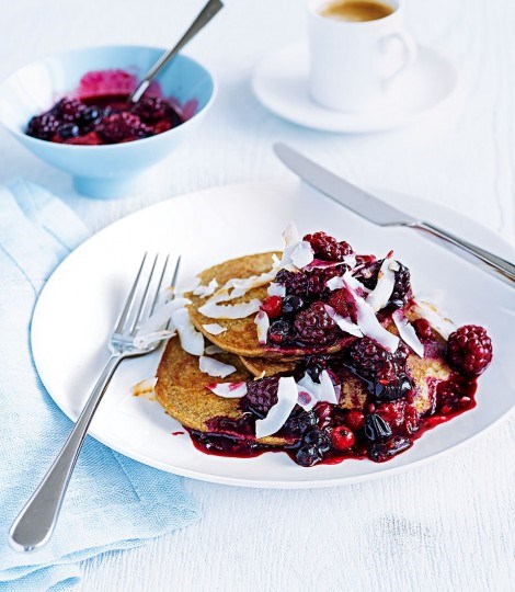 Banana pancakes with berry compote