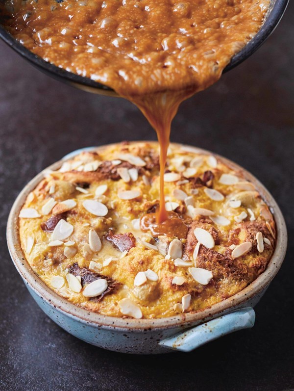 Banana panettone pudding with sticky toffee sauce