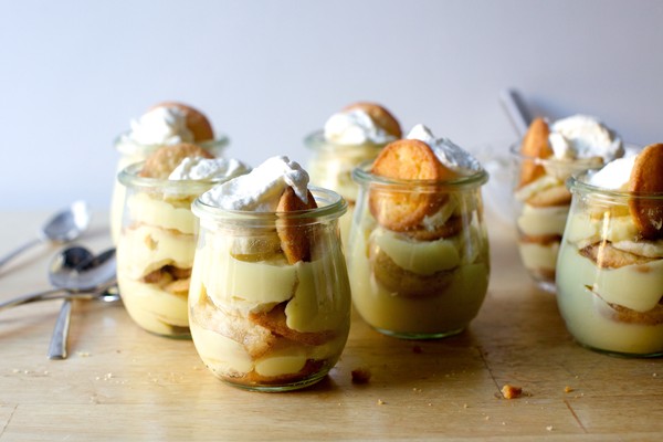 Banana puddings with vanilla bean wafers
