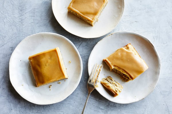 Banana snacking cake with salted caramel glaze