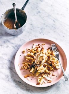Banana waffles with miso caramel sauce