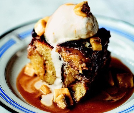 Banana walnut bread pudding with butterscotch-banana sauce