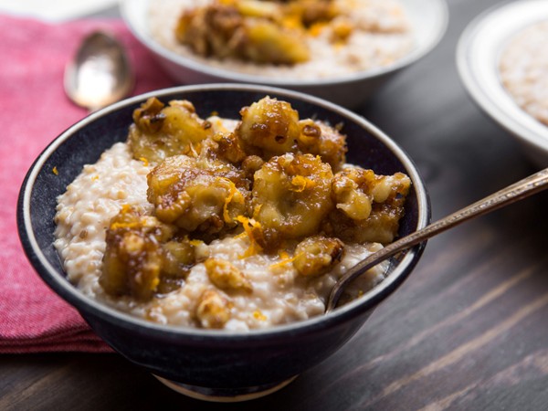 Bananas Foster oatmeal with walnuts and peanut butter