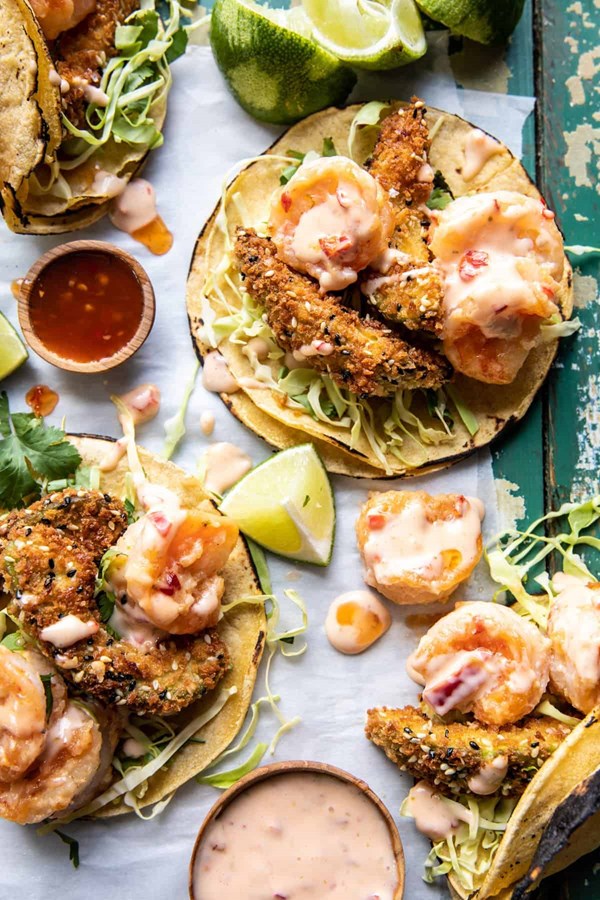 Bang bang shrimp and fried avocado tacos