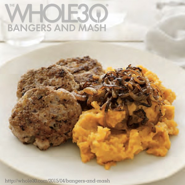 Banger sausage patties with sweet potato mash and caramelized onions