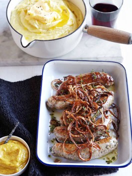 Bangers and mash with crisp onion and hot English mustard