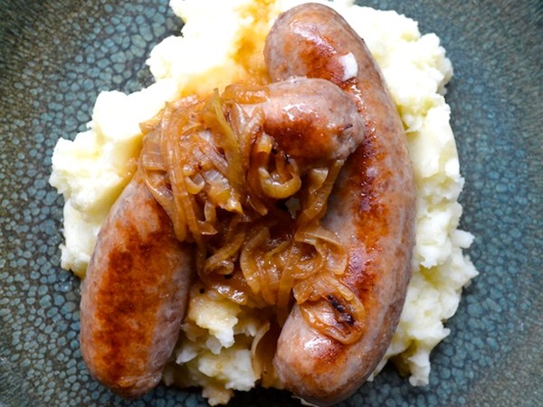 Bangers and mash with onion gravy
