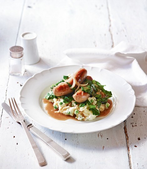 Bangers in red wine with greens and pea colcannon