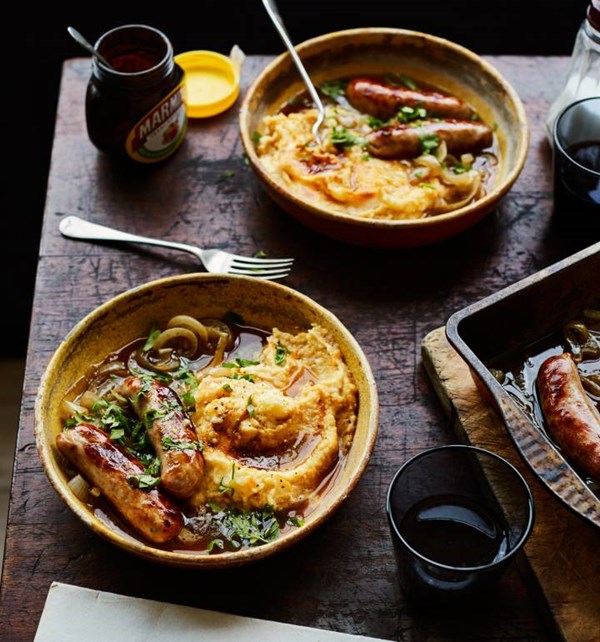 Bangers with cheesy Marmite mash
