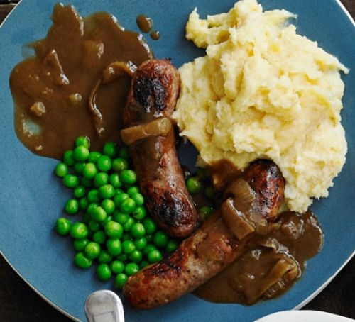 Bangers with Welsh rarebit mash