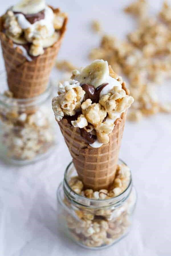 Banoffee + Nutella Greek yogurt waffle cone parfaits with cashew caramel popcorn