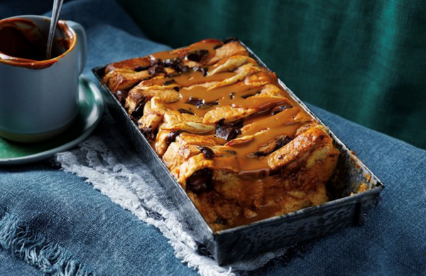 Banoffee bread and butter pudding with toffee sauce