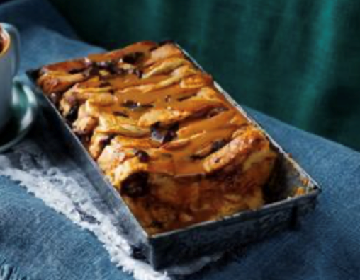 Banoffee bread and butter pudding with toffee sauce