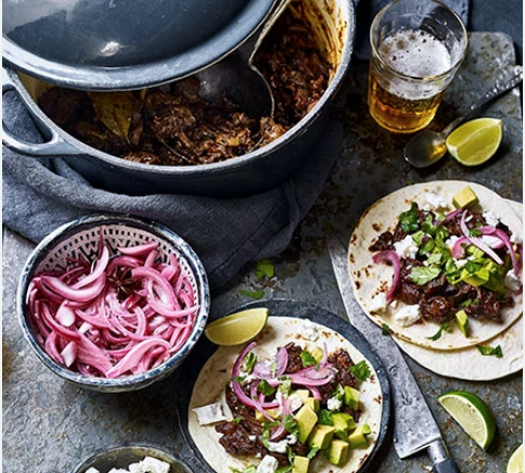 Barbacoa pulled-beef tacos