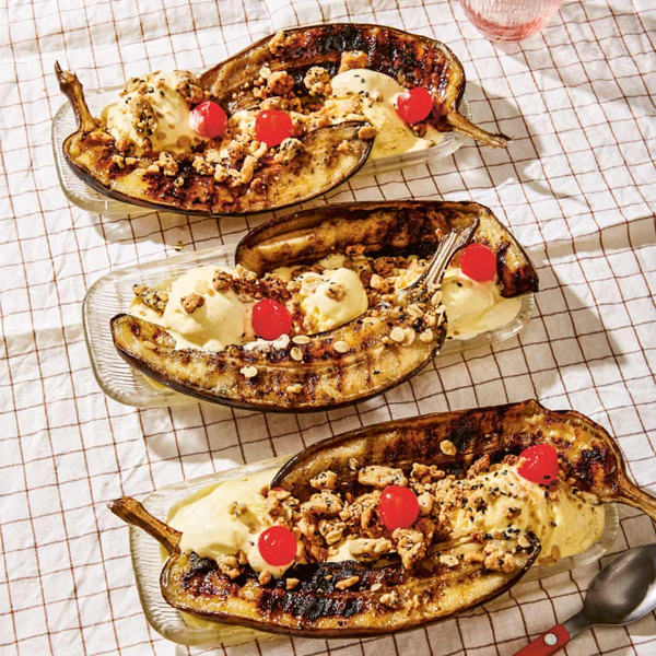Barbecue banana split with miso-sesame crunch