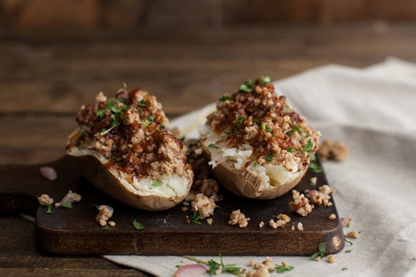 Barbecue brown rice crumble loaded potatoes