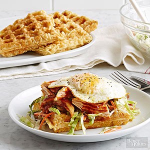 Barbecue chicken and ramen waffles
