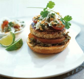 Barbecue chicken burger with Thai spices, green chilli relish and coconut-lemongrass chutney