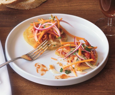 Barbecue chicken hoecakes with vinegar slaw