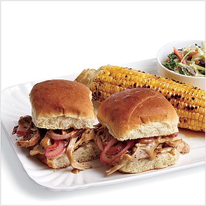 Barbecue chicken sliders with pickled onions