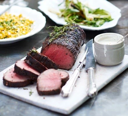 Barbecue fillet of beef with mustardy soured cream sauce