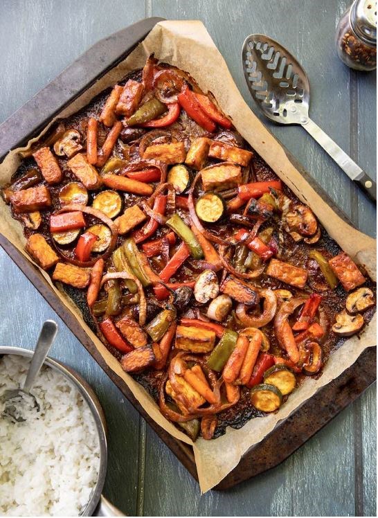 Barbecue-flavored roasted tempeh and vegetables