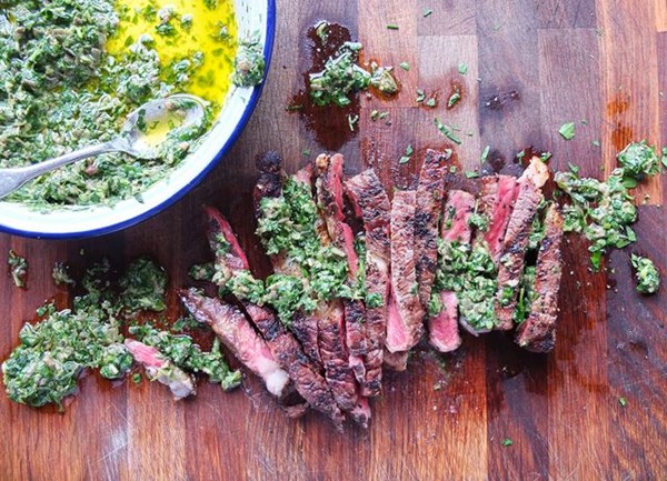 Barbecue Irish rib eye steak with watercress salsa verde 