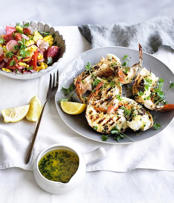 Barbecue lobster tails with lemon drawn butter and corn-radish salad