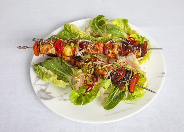 Barbecue pork belly and langoustine skewer with baby gem lettuce
