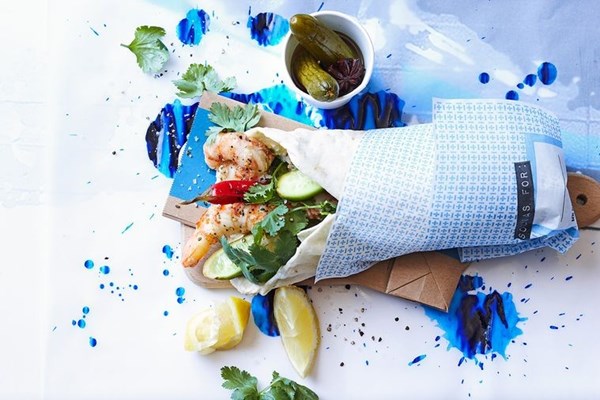 Barbecue prawn souva, yoghurt and cucumber