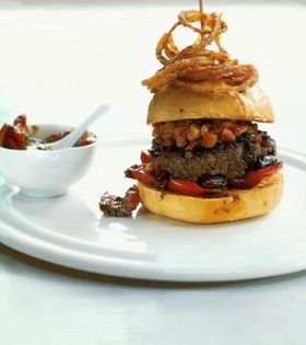 Barbecue ranch burger with smoky corn relish and chimichurri peppers