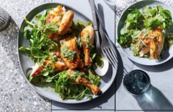 Barbecue roasted chicken with tarragon salsa
