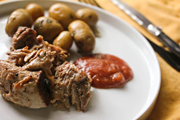 Barbecue-rubbed pork shoulder with stovetop rhubarb ketchup