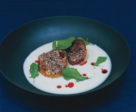 Barbecue-rubbed scallops with creamy sauerkraut soup