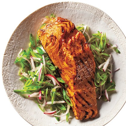 Barbecue salmon and snap pea slaw