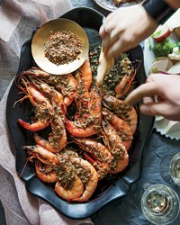 Barbecue shrimp bagna cauda with crudités