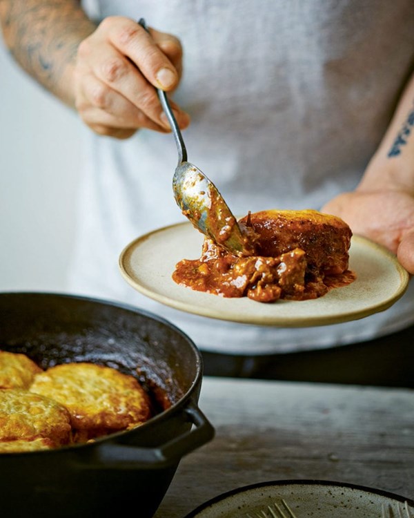 Barbecue spiced beef stew with cheddar & buttermilk scone topping 