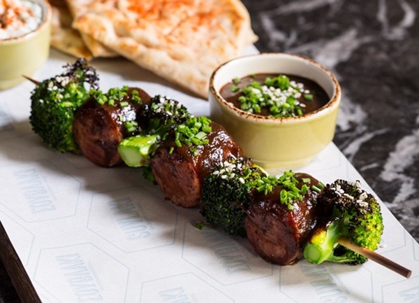 Barbecue wild boar souvlaki with sticky prune glaze 