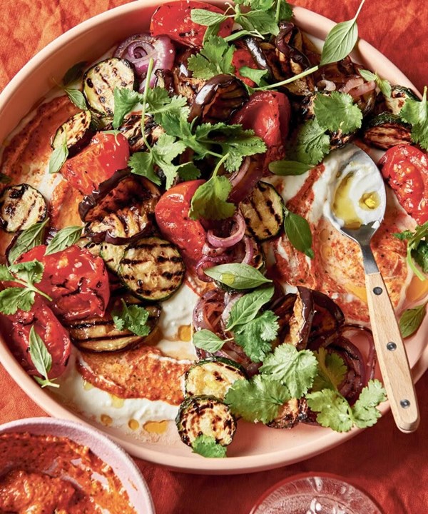 Barbecued adjapsandal with adjika yoghurt dressing
