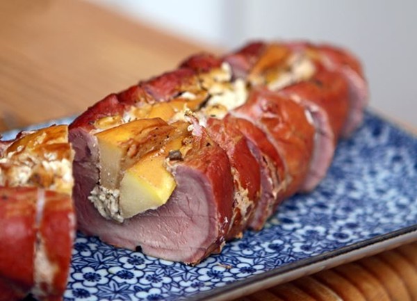 Barbecued apple and Boursin-stuffed pork fillet