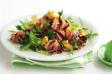 Barbecued baby octopus salad with mango salsa and chilli lime dressing
